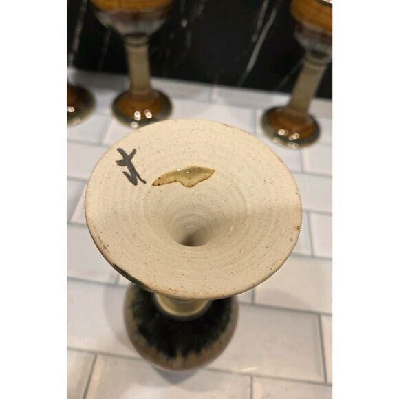 Studio Pottery Wine Goblets/Chalices (4) Hand Crafted Artist JT Brown Cream 7" - Picture 9 of 16